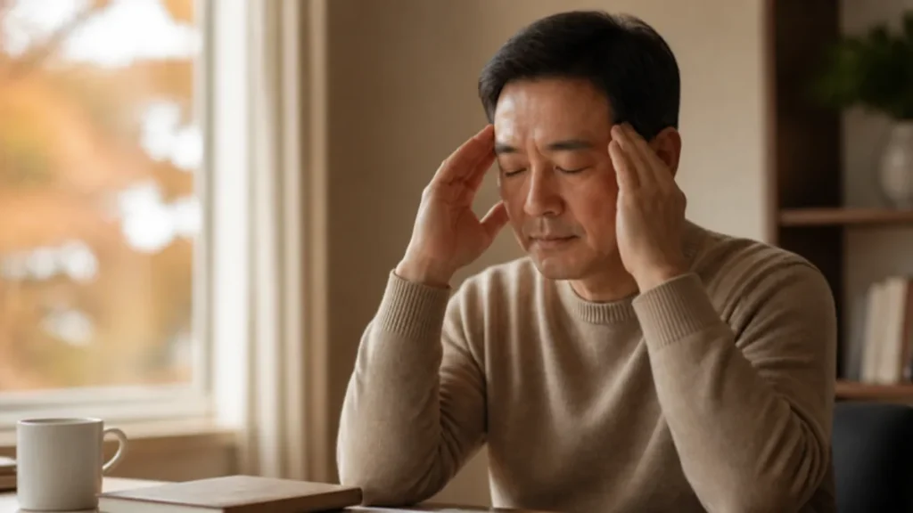 창가 책상에 앉아 눈을 감고 관자놀이를 누르는 중년 남성